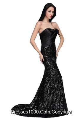 Column Black Strapless Sequins High Slit Brush Train Dresses for Prom