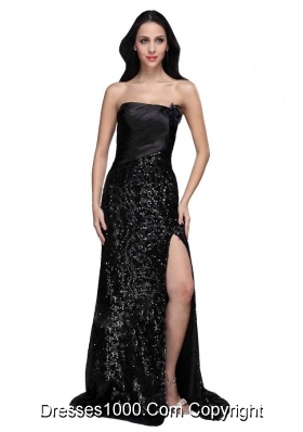 Column Black Strapless Sequins High Slit Brush Train Dresses for Prom