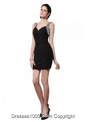 Column Black Straps Beading and Ruching Short Prom Night Club Dress