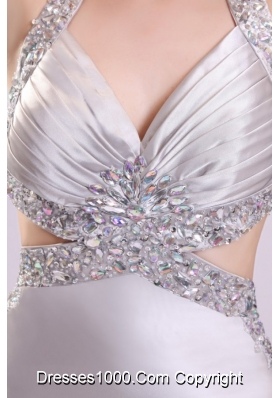 Gray Ruching Appliques Halter Top Brush Train Prom Theme Dresses