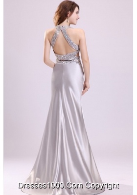 Gray Ruching Appliques Halter Top Brush Train Prom Theme Dresses