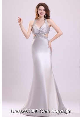 Gray Ruching Appliques Halter Top Brush Train Prom Theme Dresses