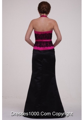 Graceful Hot Pink and Black Satin Halter Top Prom Dress