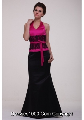 Graceful Hot Pink and Black Satin Halter Top Prom Dress