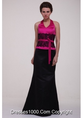 Graceful Hot Pink and Black Satin Halter Top Prom Dress