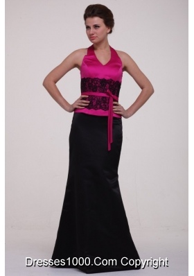 Graceful Hot Pink and Black Satin Halter Top Prom Dress