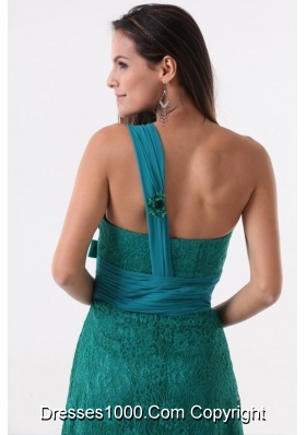 Turquoise Column One Shoulder Lace Bow Prom Gown Dress