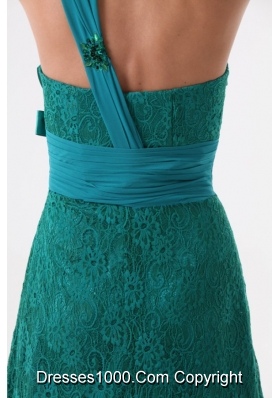 Turquoise Column One Shoulder Lace Bow Prom Gown Dress