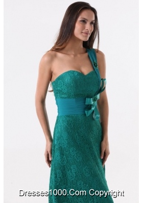 Turquoise Column One Shoulder Lace Bow Prom Gown Dress