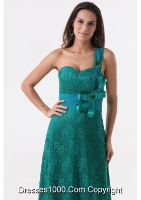 Turquoise Column One Shoulder Lace Bow Prom Gown Dress