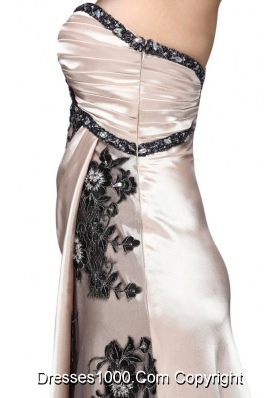 Column One Shoulder Lace Black and Champagne Ruched Prom Dress