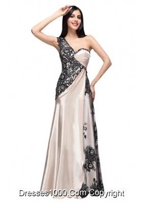 Column One Shoulder Lace Black and Champagne Ruched Prom Dress