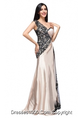 Column One Shoulder Lace Black and Champagne Ruched Prom Dress