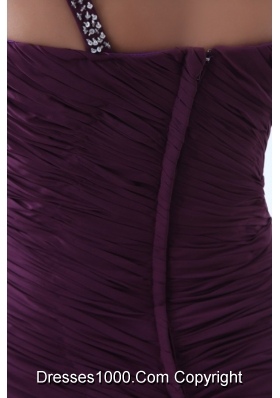 Purple One Shoulder Beading and Ruching Brush Prom Pageant Dress