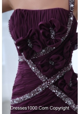 Purple One Shoulder Beading and Ruching Brush Prom Pageant Dress