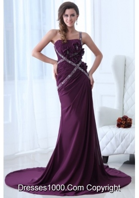 Purple One Shoulder Beading and Ruching Brush Prom Pageant Dress