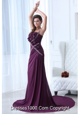 Purple One Shoulder Beading and Ruching Brush Prom Pageant Dress