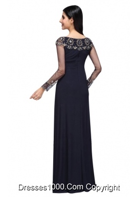 Slit Column Scoop Navy Blue Prom Celebrity Dress with Long Sleeves