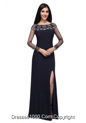 Slit Column Scoop Navy Blue Prom Celebrity Dress with Long Sleeves