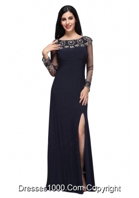 Slit Column Scoop Navy Blue Prom Celebrity Dress with Long Sleeves