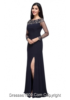 Slit Column Scoop Navy Blue Prom Celebrity Dress with Long Sleeves