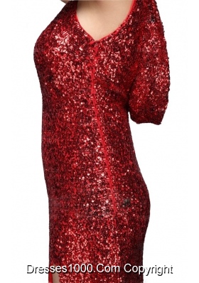 Column Scoop Wine Red Sequins High Slit Brush Train Prom Dresses