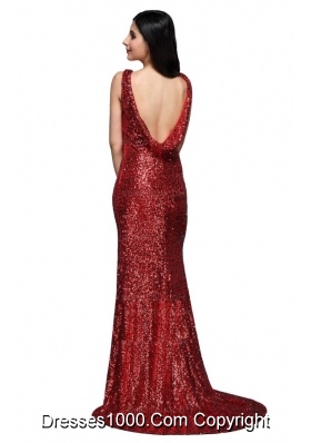 Column Scoop Wine Red Sequins High Slit Brush Train Prom Dresses