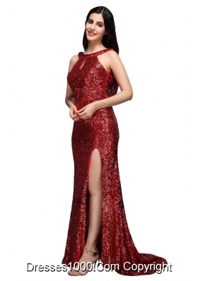 Column Scoop Wine Red Sequins High Slit Brush Train Prom Dresses