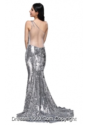 Column Sequins High Slit Silver One Shoulder Brush Train Prom Dresses