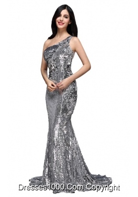 Column Sequins High Slit Silver One Shoulder Brush Train Prom Dresses