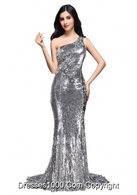 Column Sequins High Slit Silver One Shoulder Brush Train Prom Dresses