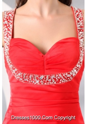 Column Straps Beading and Ruching Short Red Dresses for Prom Court