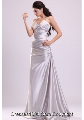 Column Straps Beading Ruching Full-length Gray Dress for Prom Queen