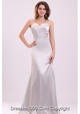 Column Straps Beading Satin Floor-length Prom Evening Dress in Grey