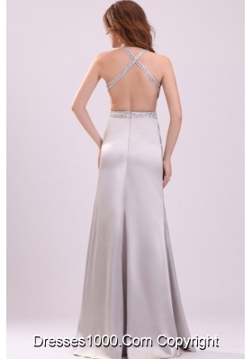 Column Straps Beading Satin Floor-length Prom Evening Dress in Grey