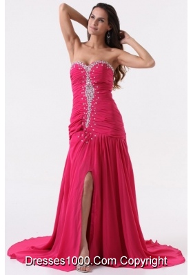 Sweetheart Beading and Ruching Hot Pink Long Prom Dress