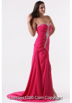 Sweetheart Beading and Ruching Hot Pink Long Prom Dress