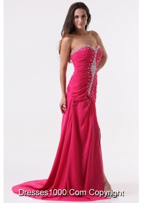 Sweetheart Beading and Ruching Hot Pink Long Prom Dress