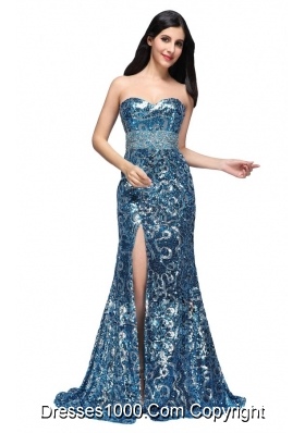 Column Sweetheart Sequins High Slit Brush Train Prom Celebrity Dress