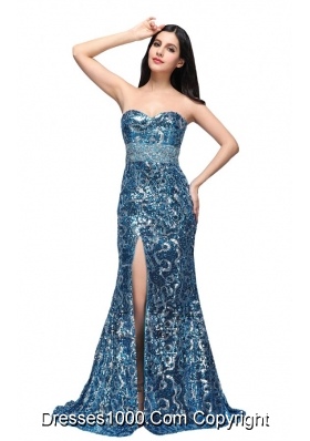 Column Sweetheart Sequins High Slit Brush Train Prom Celebrity Dress