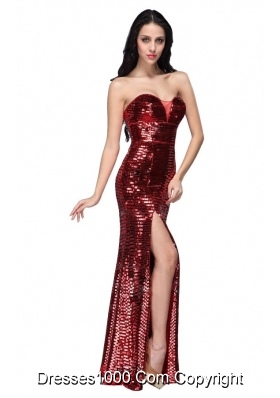 Column Sweetheart Wine Red Sequins Prom Evening Dress with High Slit