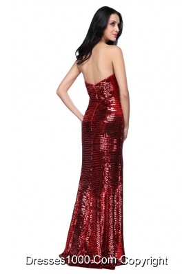 Column Sweetheart Wine Red Sequins Prom Evening Dress with High Slit