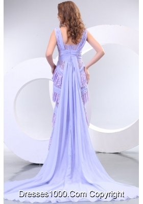 Lavender Long V-neck Lace and Chiffon Prom Dresses with Court Train