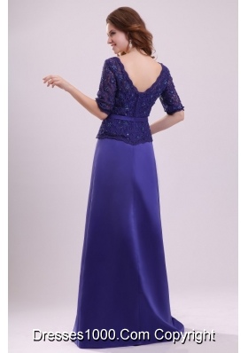 Column V-neck Lace Sash Purple Half Sleeves Satin Prom Holiday Dress