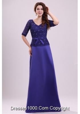 Column V-neck Lace Sash Purple Half Sleeves Satin Prom Holiday Dress