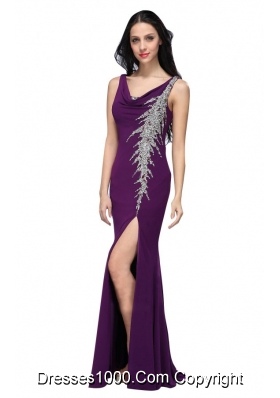 Chiffon Floor-length Column V-neck Purple Beading High Slit Prom Dress