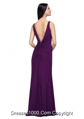 Chiffon Floor-length Column V-neck Purple Beading High Slit Prom Dress