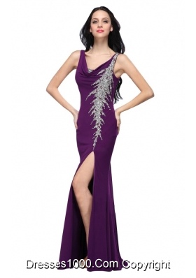 Chiffon Floor-length Column V-neck Purple Beading High Slit Prom Dress