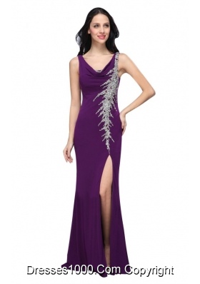 Chiffon Floor-length Column V-neck Purple Beading High Slit Prom Dress