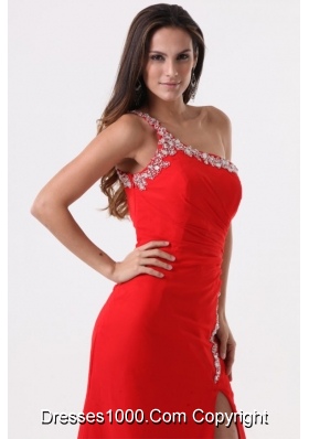 Sexy Red One Shoulder Beading High Slit Prom Dress